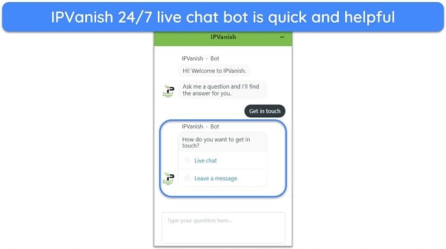 Screenshot of IPVanish live chat feature