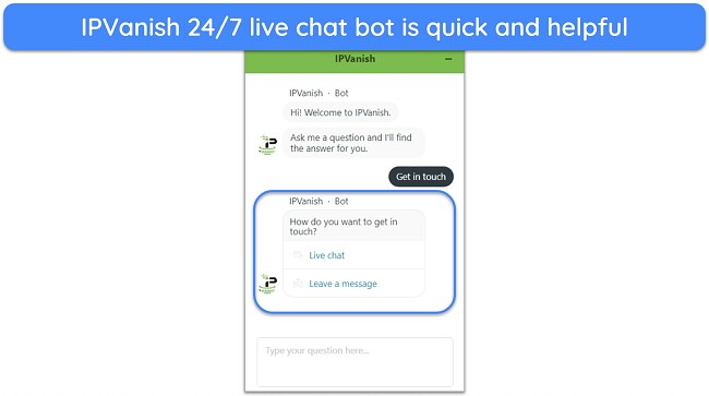 Screenshot of IPVanish live chat feature