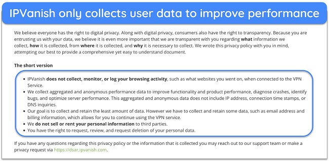 Screenshot of IPVanish's Privacy Policy and data logging claims