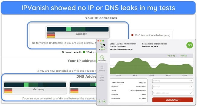 Screenshot of IPVanish leak test results