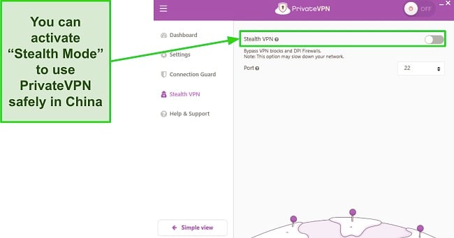 Screenshot of PrivateVPN's Stealth VPN option on its dashboard