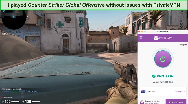 Screenshot of a Counter-Strike match while PrivateVPN is connected to a server in Australia