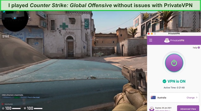 Screenshot of CS:GO running on PrivateVPN's server in Australia