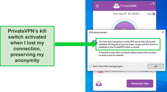 Screenshot of PrivateVPN's internet kill switch dialog box