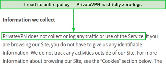 Screenshot of PrivateVPN's privacy policy on its website