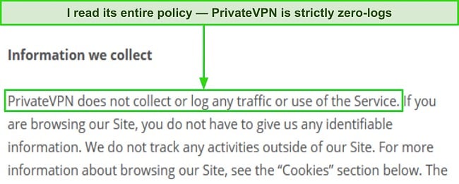 Screenshot of an excerpt of PrivateVPN's privacy policy, claiming it doesn't collect user information.