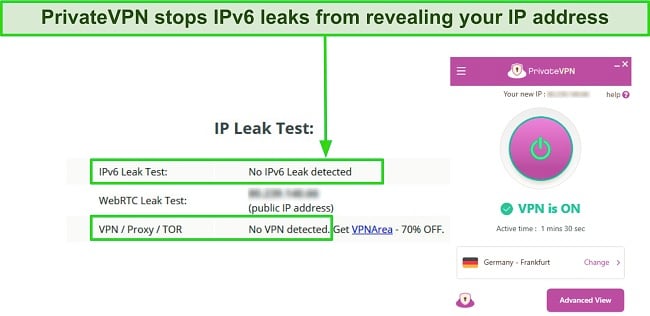 Screenshot of PrivateVPN's IPv6 leak test results showing it passed.