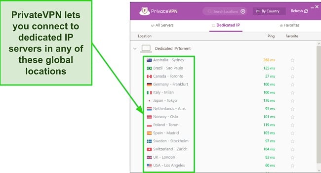 Screenshot of PrivateVPN's list of dedicated IP servers