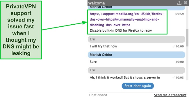 Screenshot of an exchange with PrivateVPN support helping with a DNS detection issue