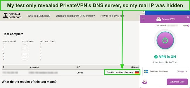 Screenshot of a DNS leak test revealing a DNS server in Germany while connected to a PrivateVPN server in Sweden