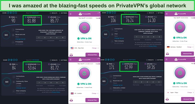 Screenshot of PrivateVPN speed tests showing servers in the US, UK, Germany, and Japan