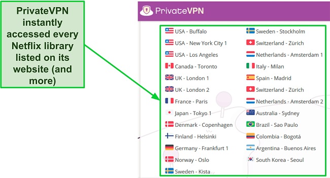 Screenshot of a list of servers on PrivateVPN's website that should work with Netflix