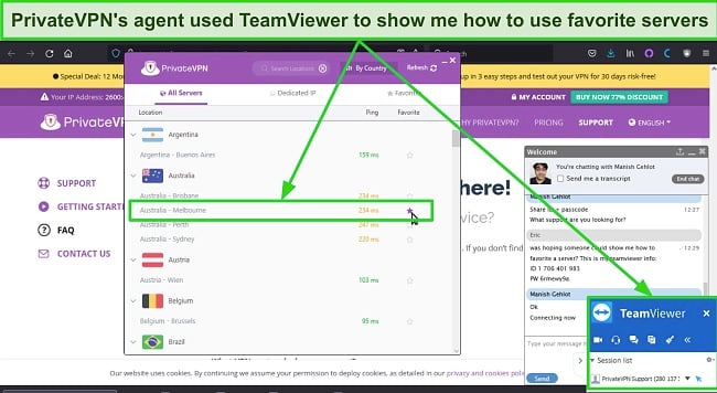 Screenshot of a PrivateVPN chat rep demonstrating how to add servers to favorites via TeamViewer