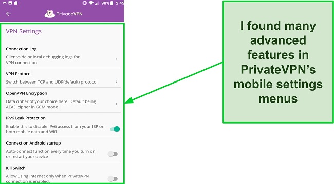 Screenshot of the PrivateVPN settings menu in Android