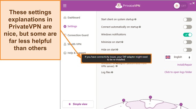 Screenshot of explanations in PrivateVPN's settings menu
