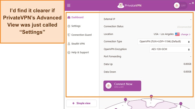 Screenshot of PrivateVPN's Advanced View and Simple View in Windows