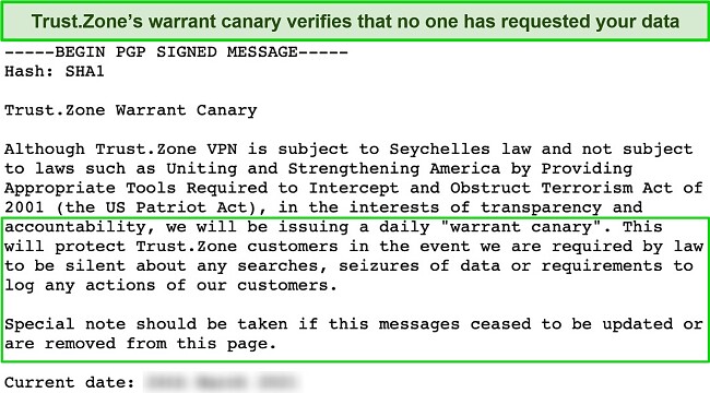 creenshot showing part of of Trust.Zone's warrant canary