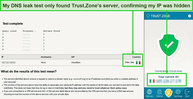 Screenshot of a successful DNS leak test while Trust.Zone is connected to a server in Italy