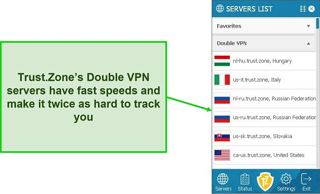 Screenshot of Trust.Zone's network of Double VPN servers