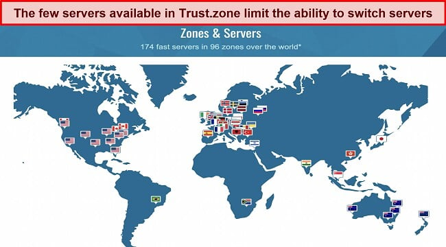 Screenshot of the server locations available on Trust.Zone