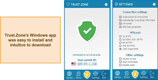 Screenshot of the home and settings page of Trust.Zone's Windows app