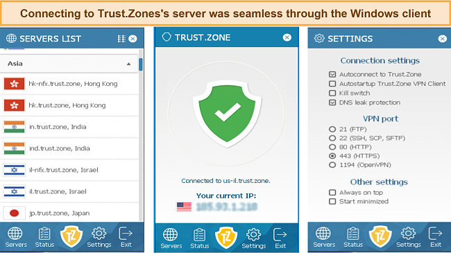 Screenshot Trust.Zone's Windows application server, connection, and settings interface