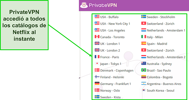 Captura de pantalla de la lista de servidores en el sitio web de PrivateVPN que deberían funcionar con Netflix.