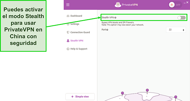 Captura de pantalla de la opción Stealth VPN en el menú de configuración de PrivateVPN.