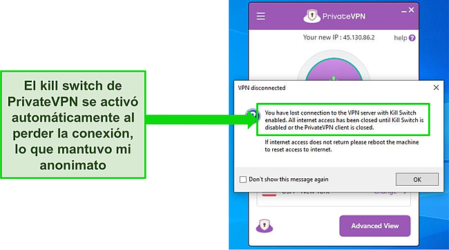 Captura de pantalla del cuadro de diálogo del interruptor de eliminación de Internet de VPN privada.