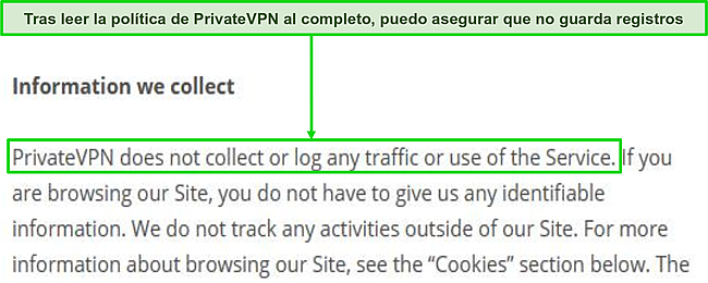 Captura de pantalla de la política de privacidad de PrivateVPN en su sitio web.