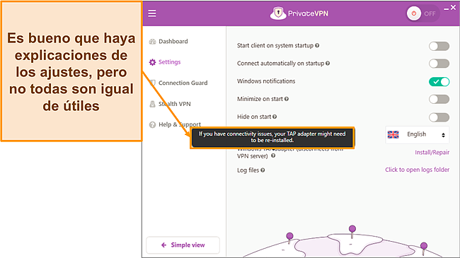 Captura de pantalla de las explicaciones en el menú de configuración de PrivateVPN.