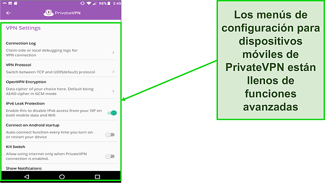 Captura de pantalla del menú de configuración de PrivateVPN en Android.