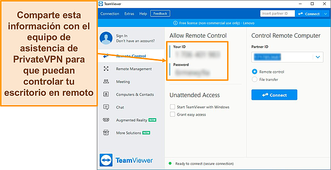 Captura de pantalla de la pantalla de inicio de TeamViewer en Windows.