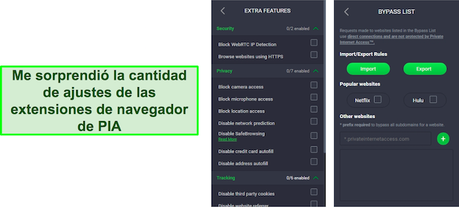 Captura de pantalla de la configuración de la extensión del navegador de PIA VPN.