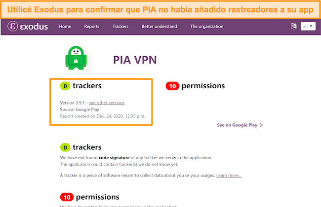 Una captura de pantalla de la herramienta Exodus, que muestra que no hay rastreadores instalados en el software de PIA