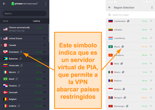 Captura de pantalla del cliente de escritorio PIA y el programa de Android, que muestra los servidores geolocalizados