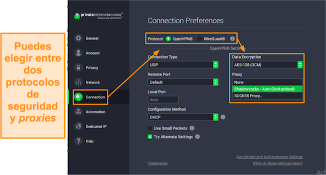 Captura de pantalla de la configuración de conexión de PIA en Windows.