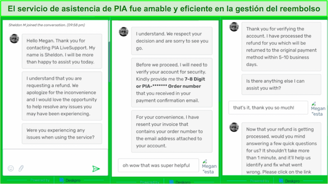 captura de pantalla del chat de atención al cliente de PIA al solicitar un reembolso.