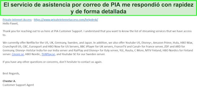 Captura de pantalla de una respuesta del soporte de correo electrónico de PIA VPN.