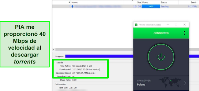 Captura de pantalla de una descarga de torrent mientras está conectado al servidor de Polonia de PIA.