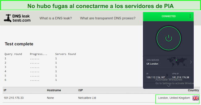Captura de pantalla de una prueba de fugas PIA exitosa.