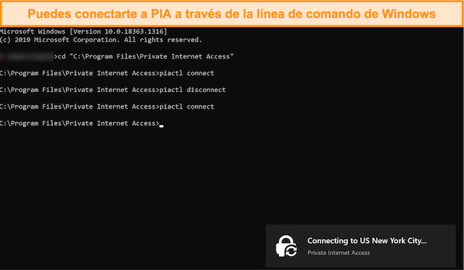Captura de pantalla de conexión a PIA a través de la línea de comandos de Windows.