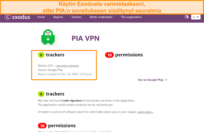 Kuvakaappaus Exodus-työkalusta, joka osoittaa, ettei PIA:n ohjelmistoon ole asennettu seurantalaitteita