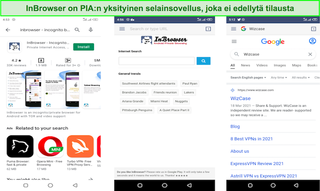 Kuvakaappaus PIA:n InBrowser-sovelluksesta Androidille