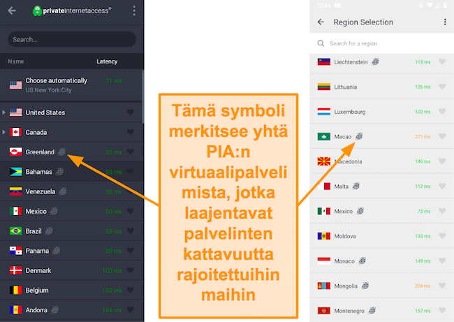 Kuvakaappaus PIA-työpöytäohjelmasta ja Android-ohjelmasta, jossa näkyvät maantieteelliset palvelimet