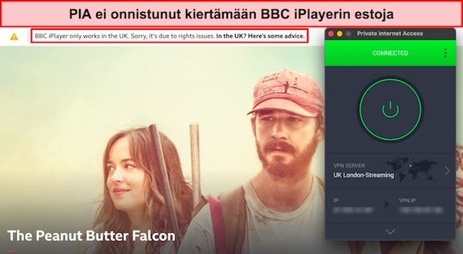 Kuvakaappaus, jossa PIA ei pysty poistamaan BBC iPlayerin estoa.