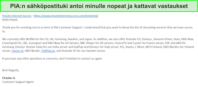Kuvakaappaus vastauksesta PIA VPN -sähköpostituesta.