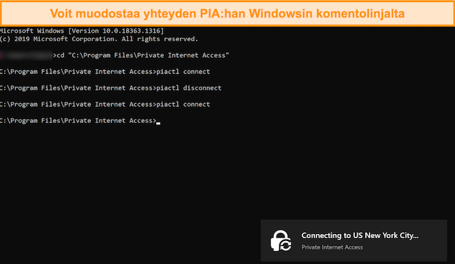 Kuvakaappaus yhteyden muodostamisesta PIA:han Windowsin komentorivin kautta.