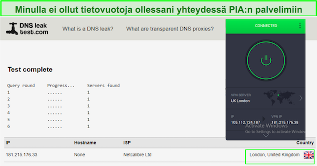 Kuvakaappaus onnistuneesta PIA-vuototestistä.