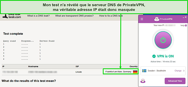 Capture d'écran d'un test de fuite DNS révélant un serveur DNS en Allemagne alors qu'il est connecté à un serveur PrivateVPN en Suède.